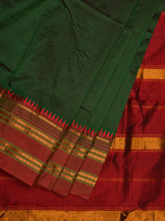 Dark Green and Red Narayanpet Silk Handloom Plain Saree with Traditional Border Design No Blouse np0585