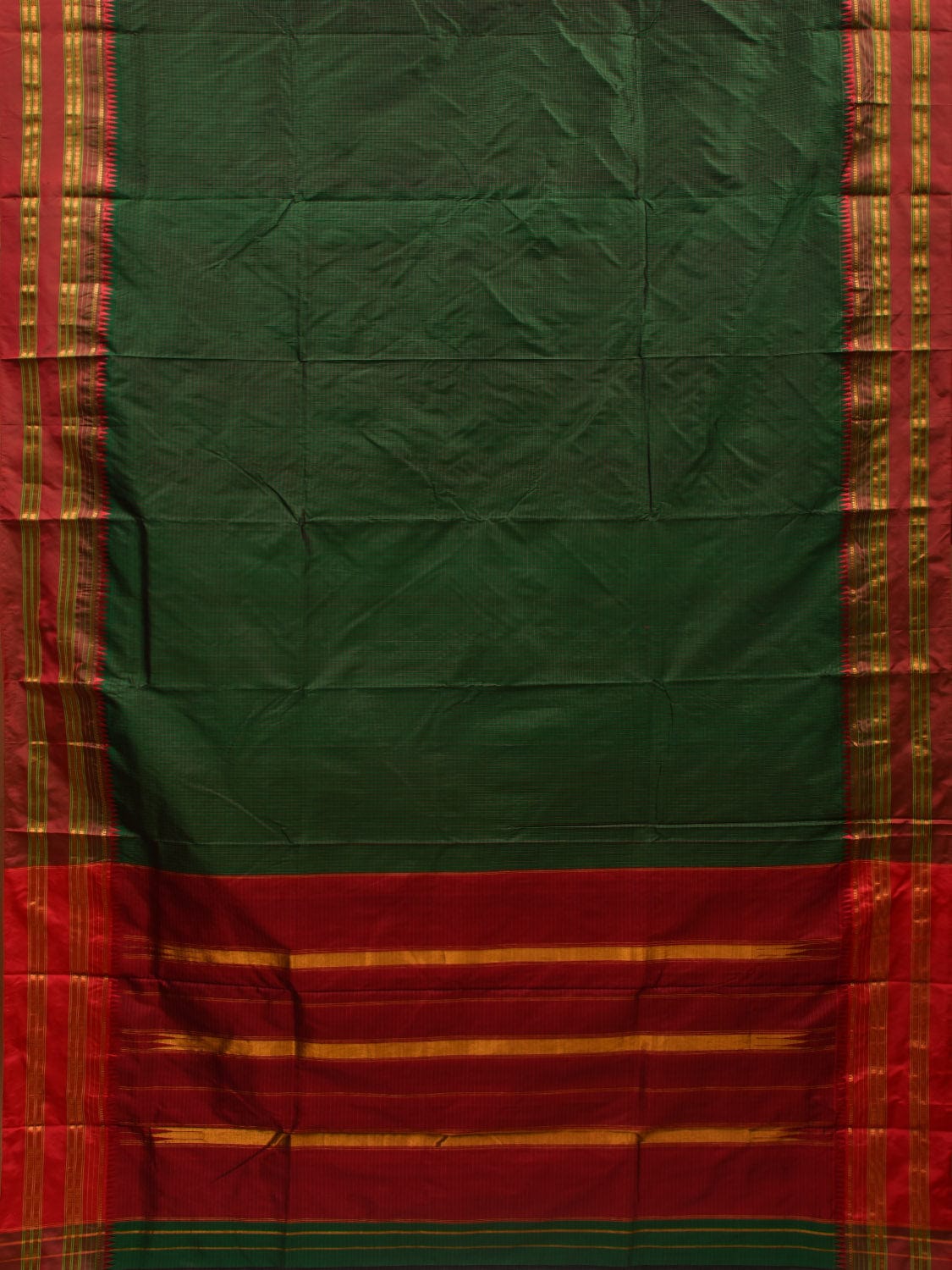 Dark Green and Red Narayanpet Silk Handloom Plain Saree with Traditional Border Design No Blouse np0585