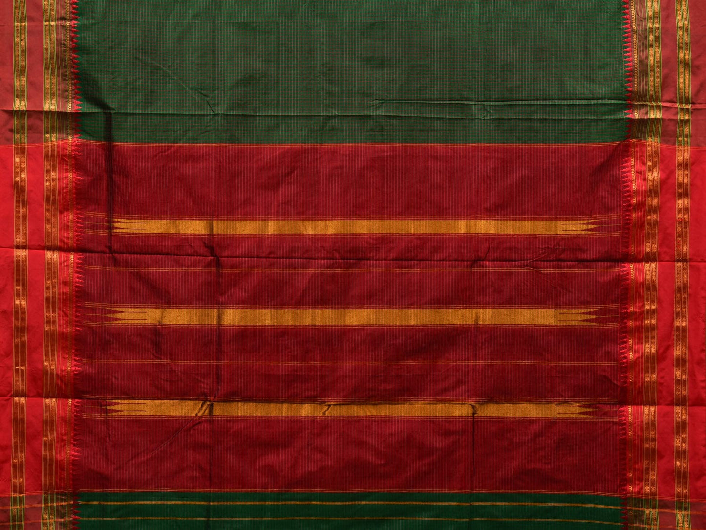 Dark Green and Red Narayanpet Silk Handloom Plain Saree with Traditional Border Design No Blouse np0585
