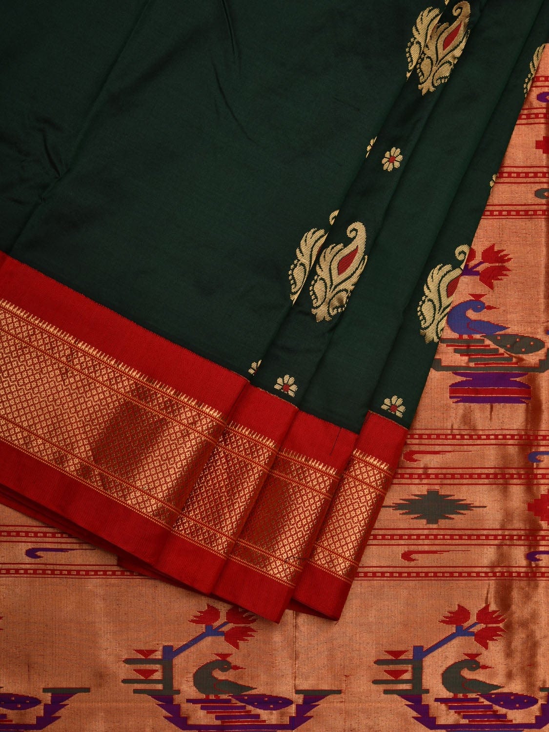 Dark Green and Red Paithani Silk Handloom Saree with Body Buta Design p0425
