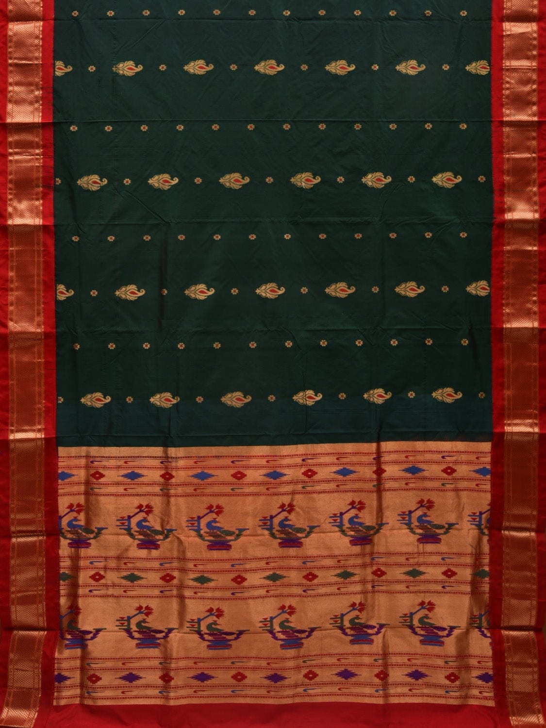 Dark Green and Red Paithani Silk Handloom Saree with Body Buta Design p0425
