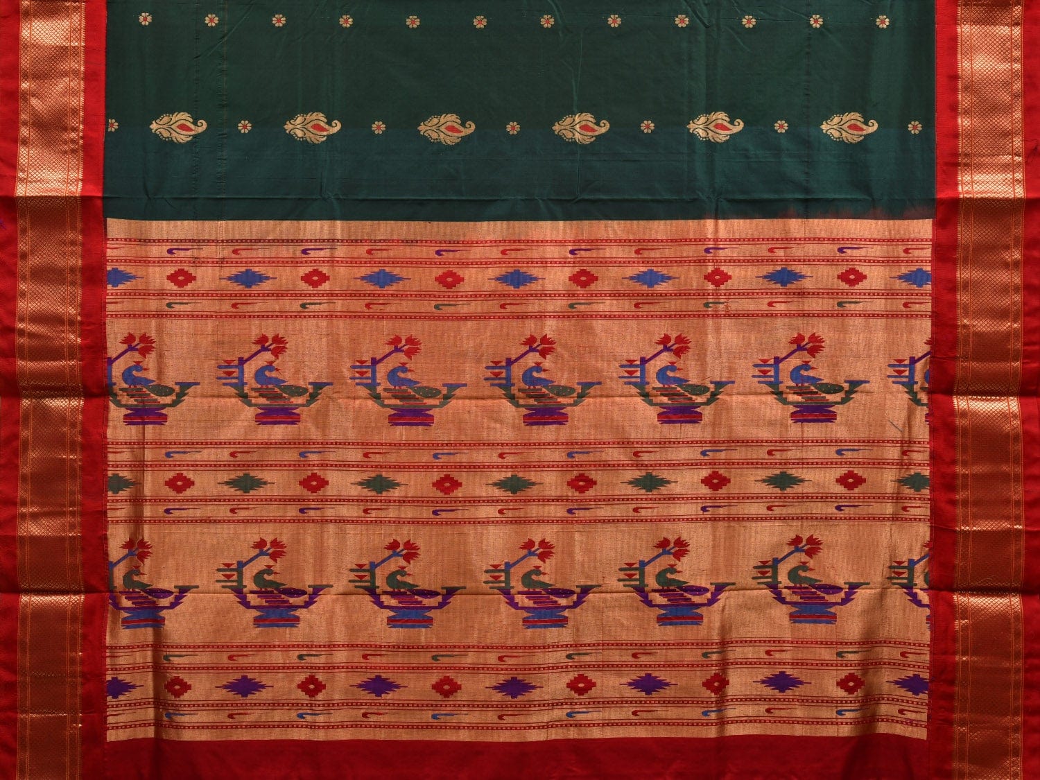 Dark Green and Red Paithani Silk Handloom Saree with Body Buta Design p0425