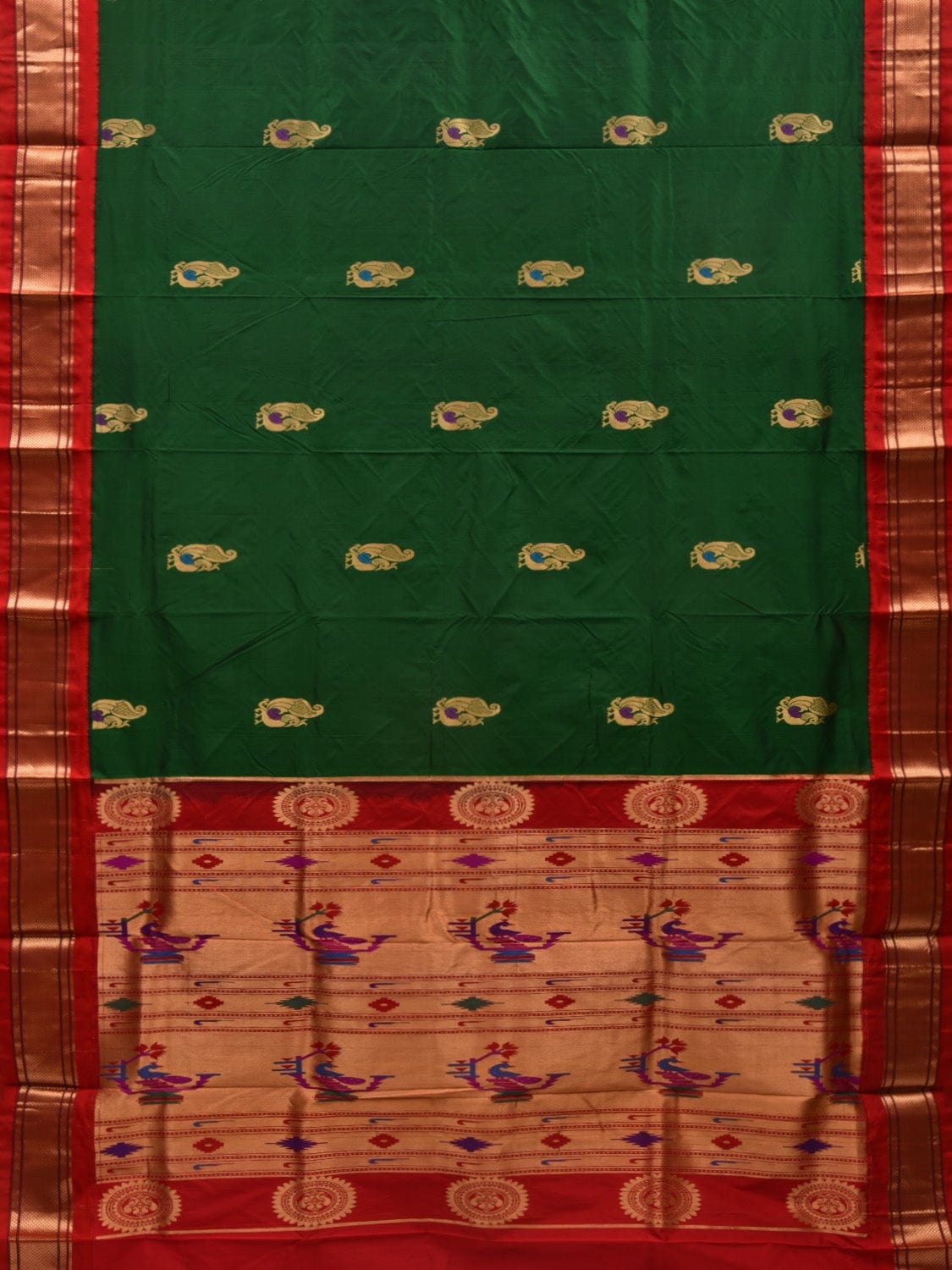 Dark Green and Red Paithani Silk Handloom Saree with Body Buta Design p0430