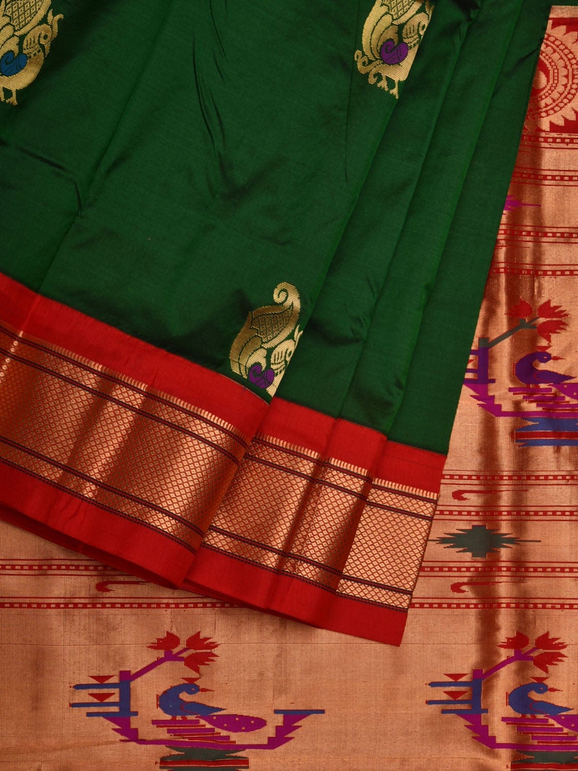 Dark Green and Red Paithani Silk Handloom Saree with Body Buta Design p0430
