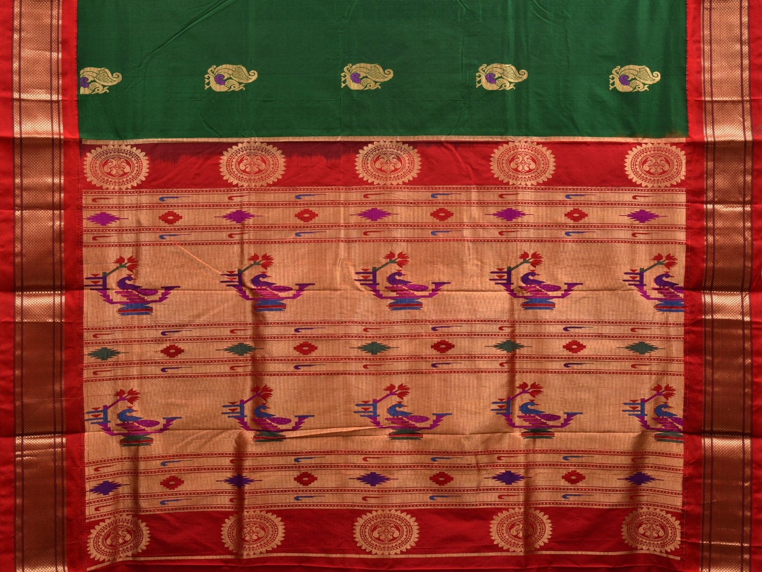 Dark Green and Red Paithani Silk Handloom Saree with Body Buta Design p0430