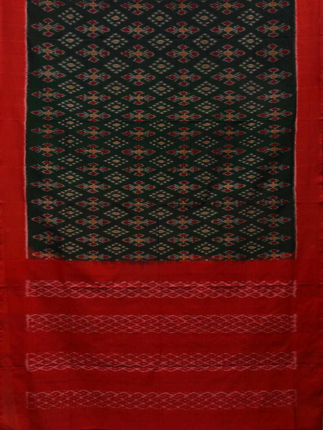 Dark Green and Red Pochampally Ikat Cotton Handloom Saree with All Over Design i0684
