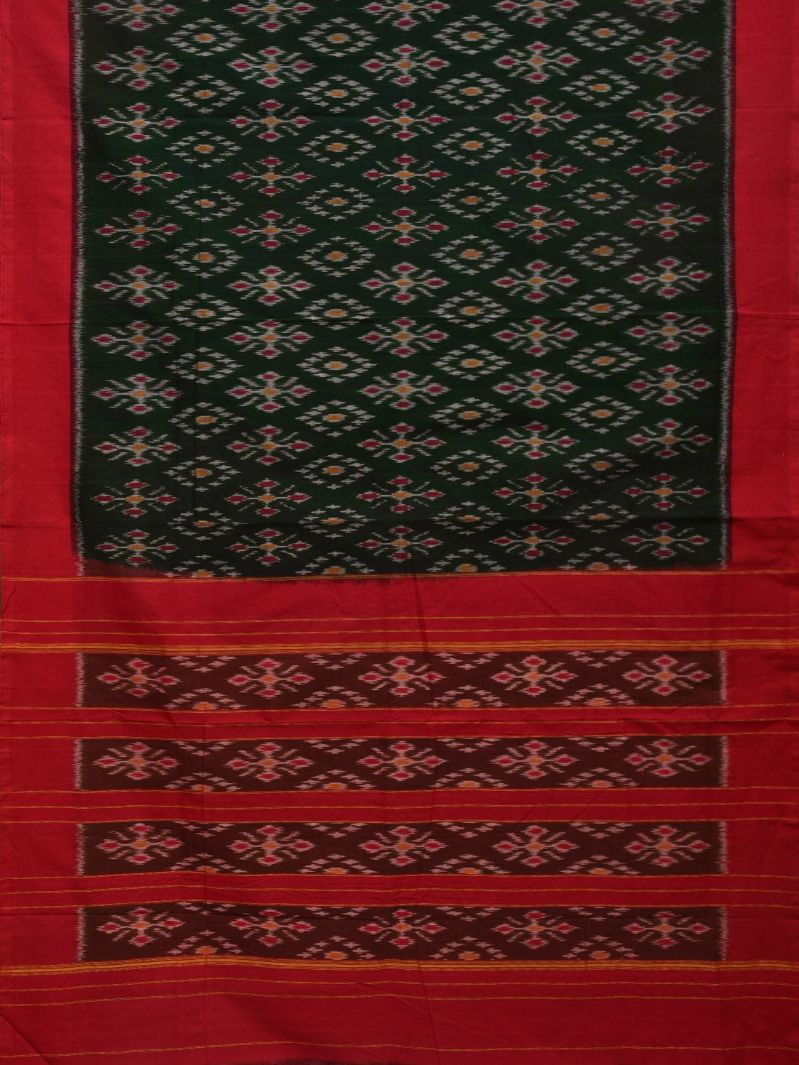 Dark Green and Red Pochampally Ikat Cotton Handloom Saree with All Over Design i0722