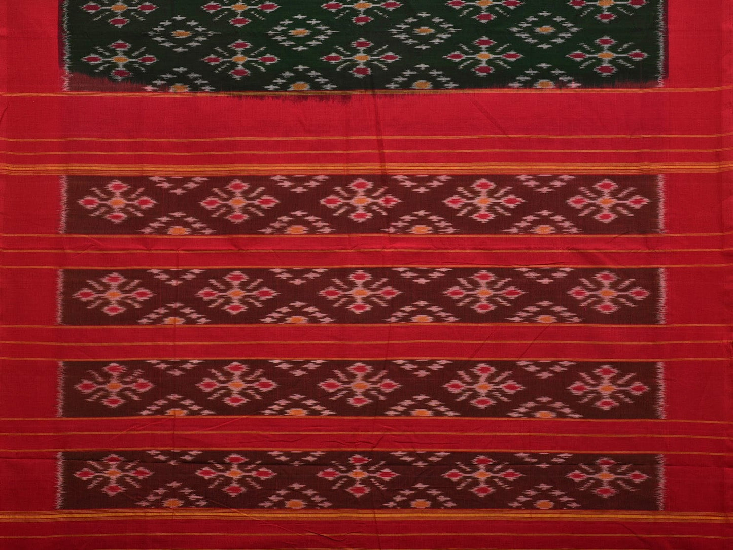 Dark Green and Red Pochampally Ikat Cotton Handloom Saree with All Over Design i0722