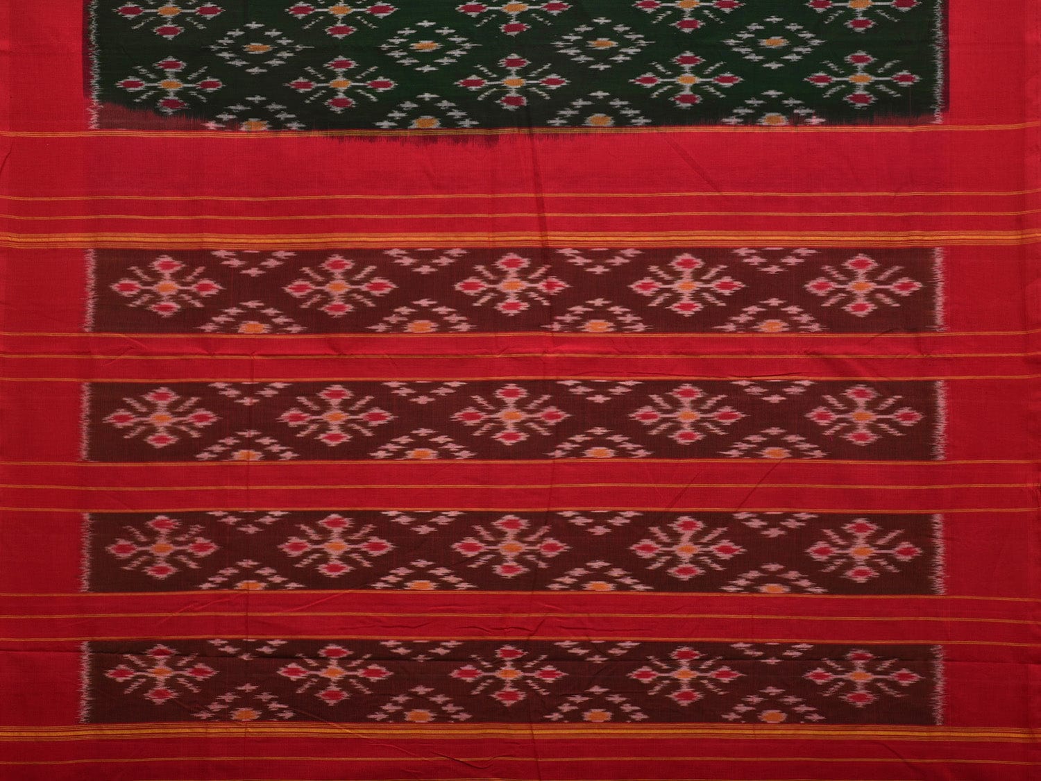 Dark Green and Red Pochampally Ikat Cotton Handloom Saree with All Over Design i0722