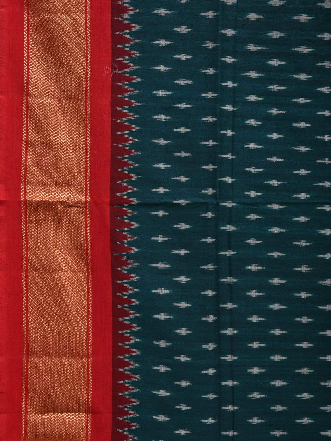 Dark Green and Red Pochampally Ikat Cotton Handloom Saree with Zari Border Design i0620