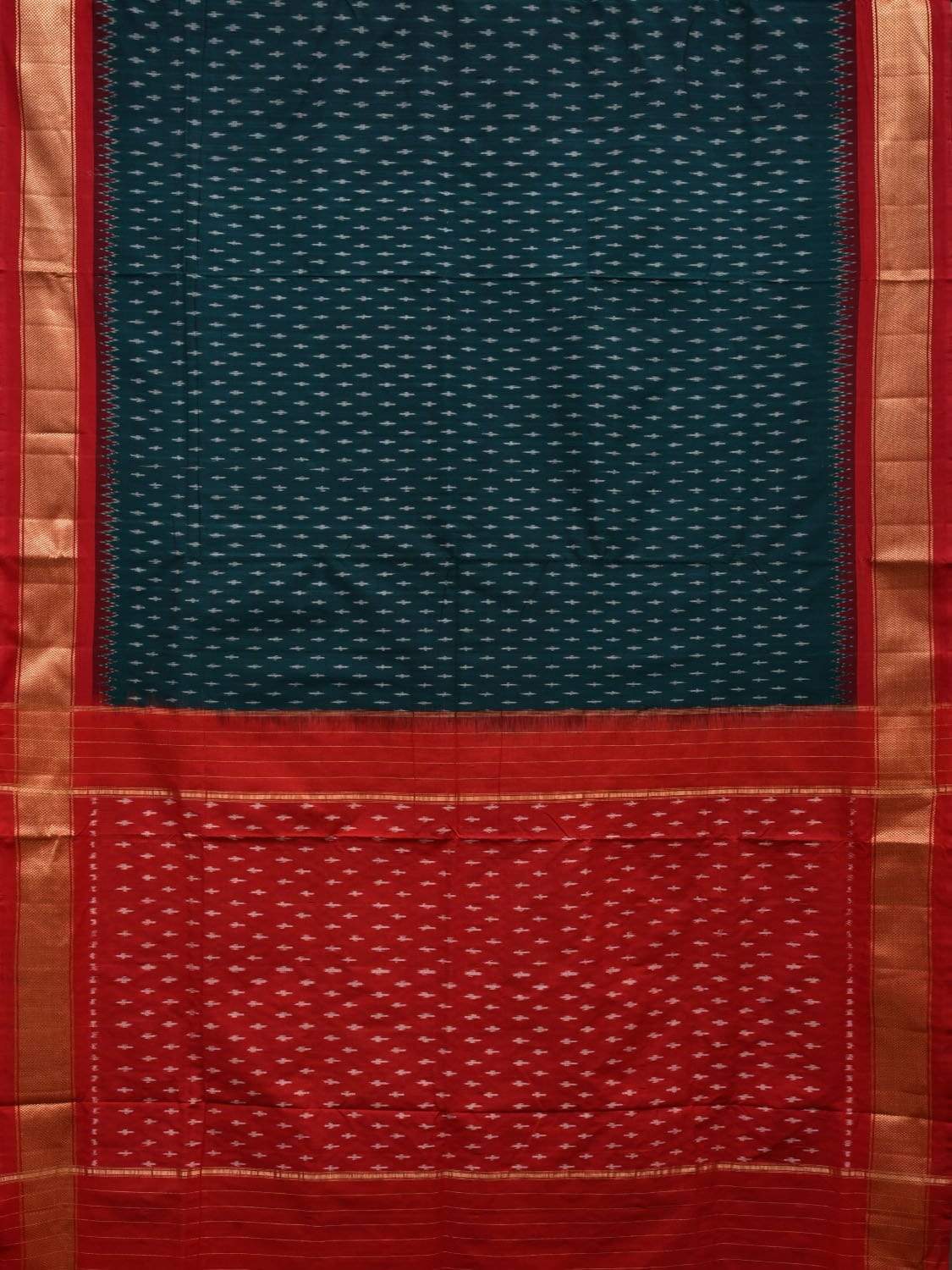 Dark Green and Red Pochampally Ikat Cotton Handloom Saree with Zari Border Design i0620