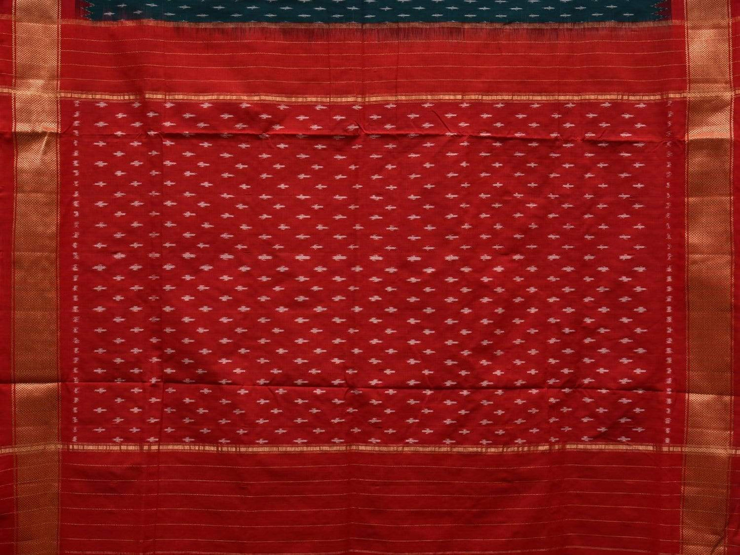 Dark Green and Red Pochampally Ikat Cotton Handloom Saree with Zari Border Design i0620