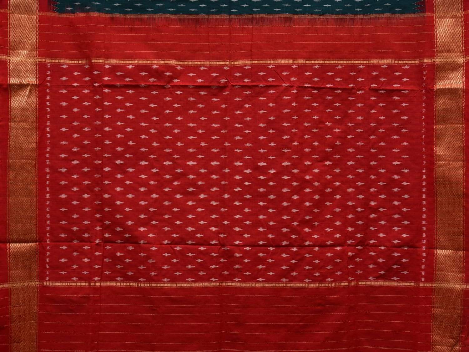Dark Green and Red Pochampally Ikat Cotton Handloom Saree with Zari Border Design i0620