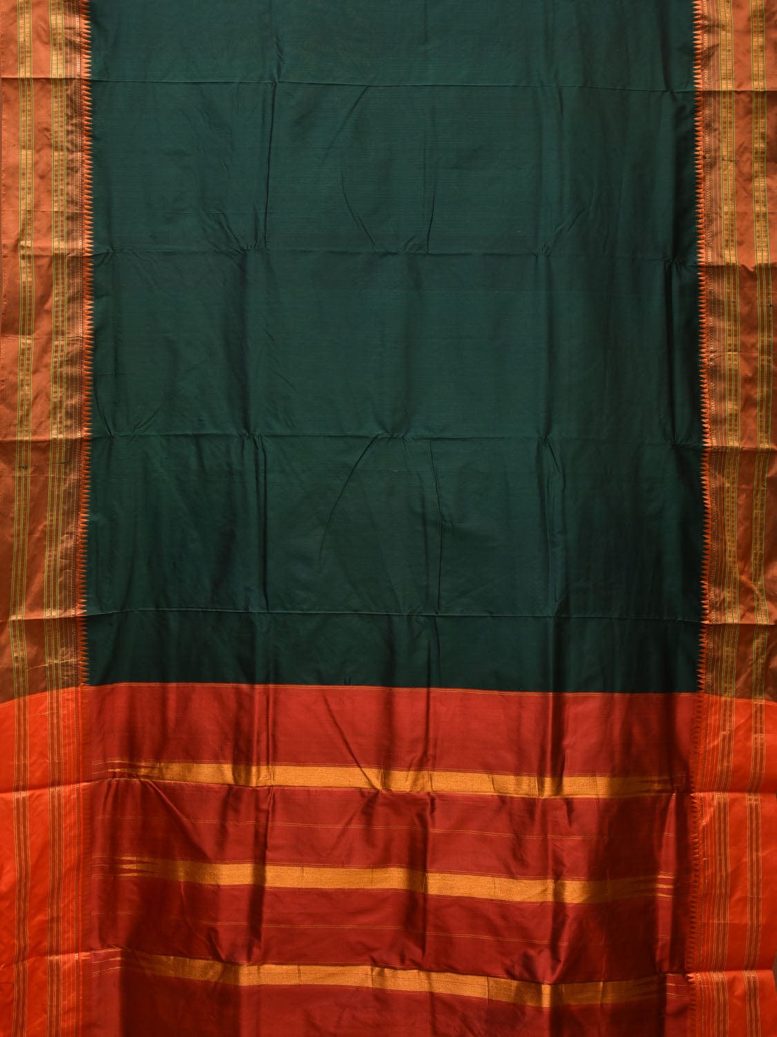 Dark Green and Rust Narayanpet Silk Handloom Plain Saree with Traditional Border Design No Blouse np0673