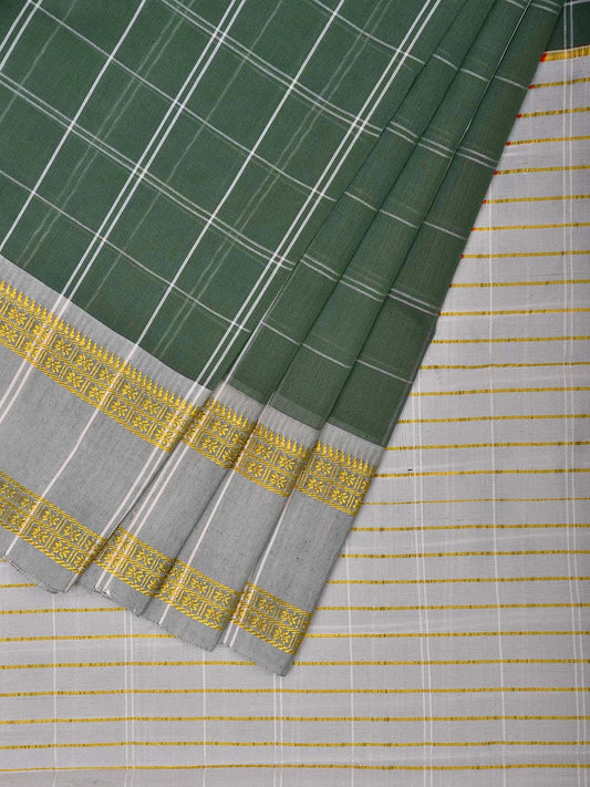 Dark Green and White Bamboo Cotton Saree with Big Checks Design No Blouse bc0618