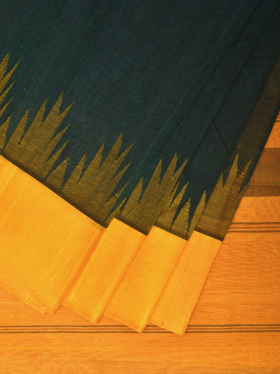 Dark Green and Yellow Khadi Cotton Handloom Plain Saree with Temple Border Design kh0683