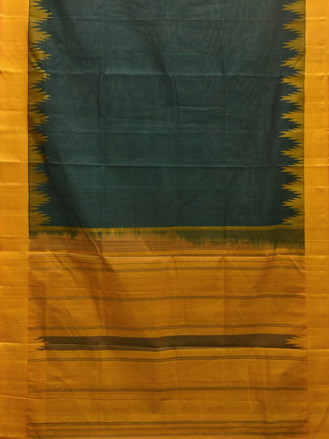 Dark Green and Yellow Khadi Cotton Handloom Plain Saree with Temple Border Design kh0683
