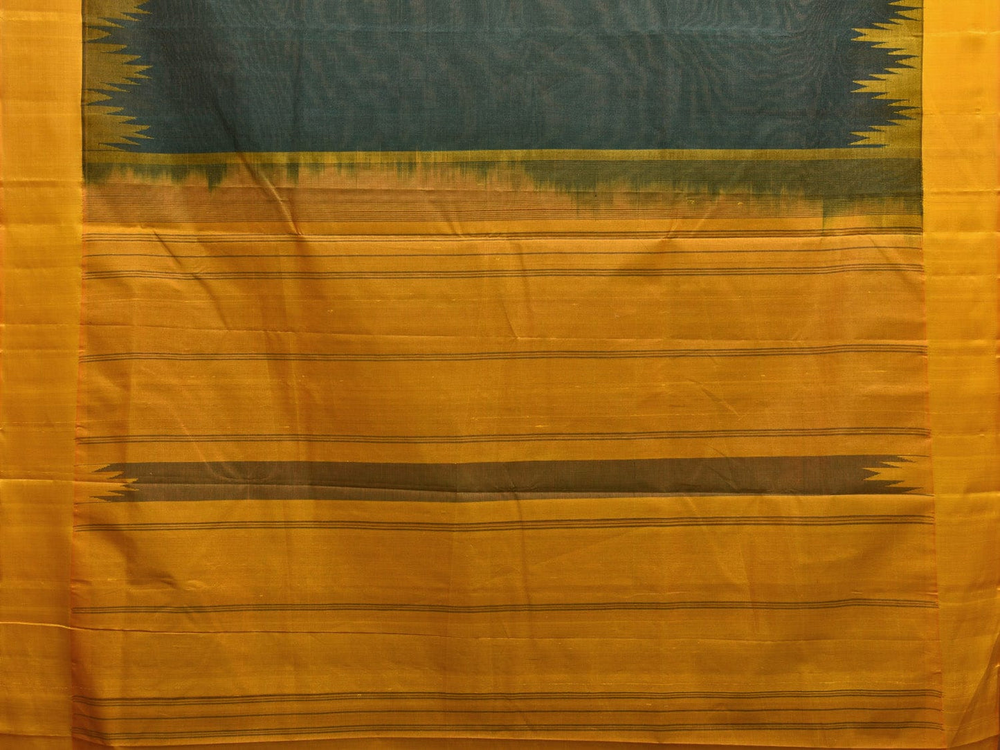 Dark Green and Yellow Khadi Cotton Handloom Plain Saree with Temple Border Design kh0683