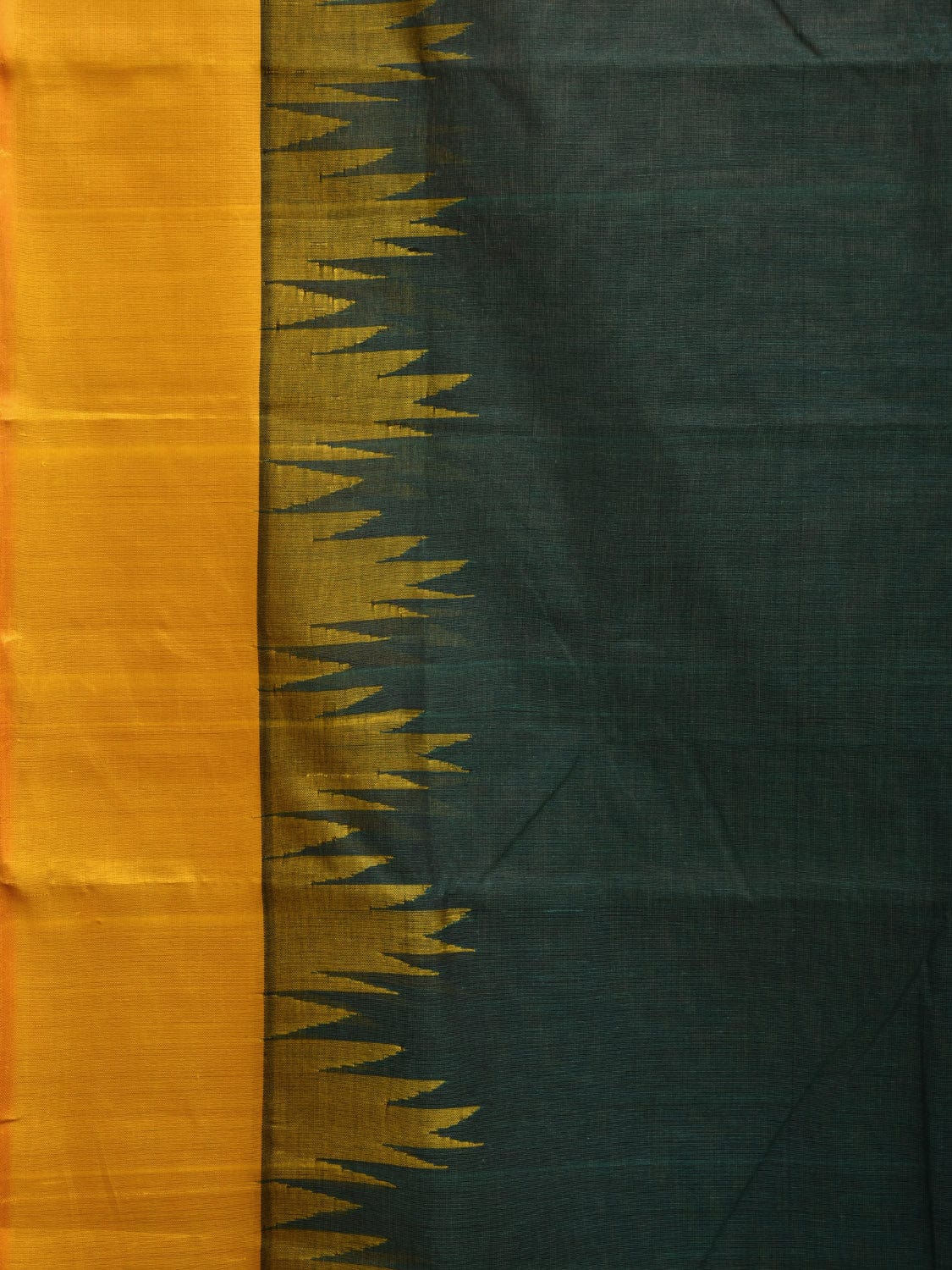 Dark Green and Yellow Khadi Cotton Handloom Plain Saree with Temple Border Design kh0683