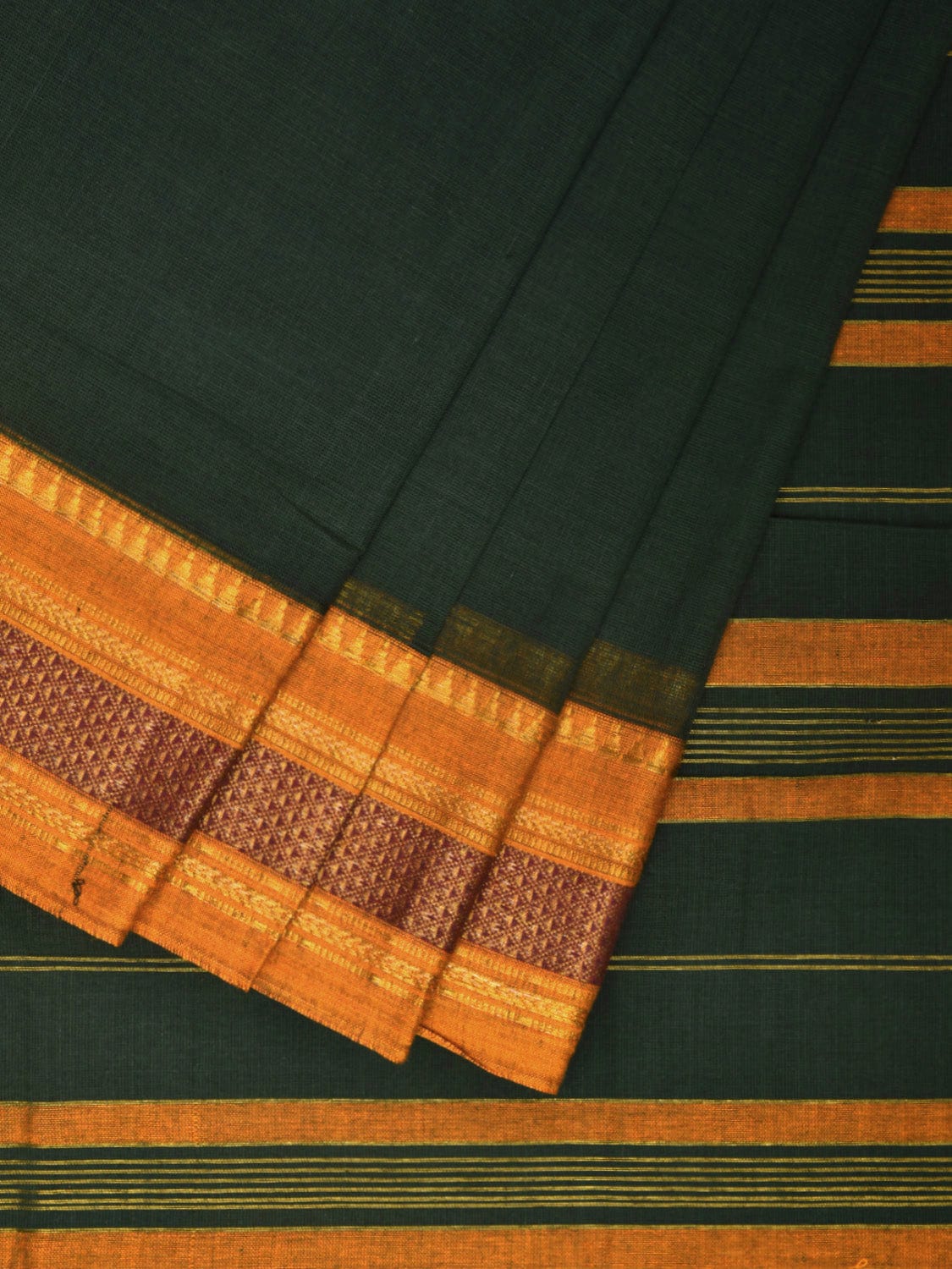 Dark Green and Yellow Narayanpet Cotton Handloom Saree with Strips Pallu Design No Blouse np0943