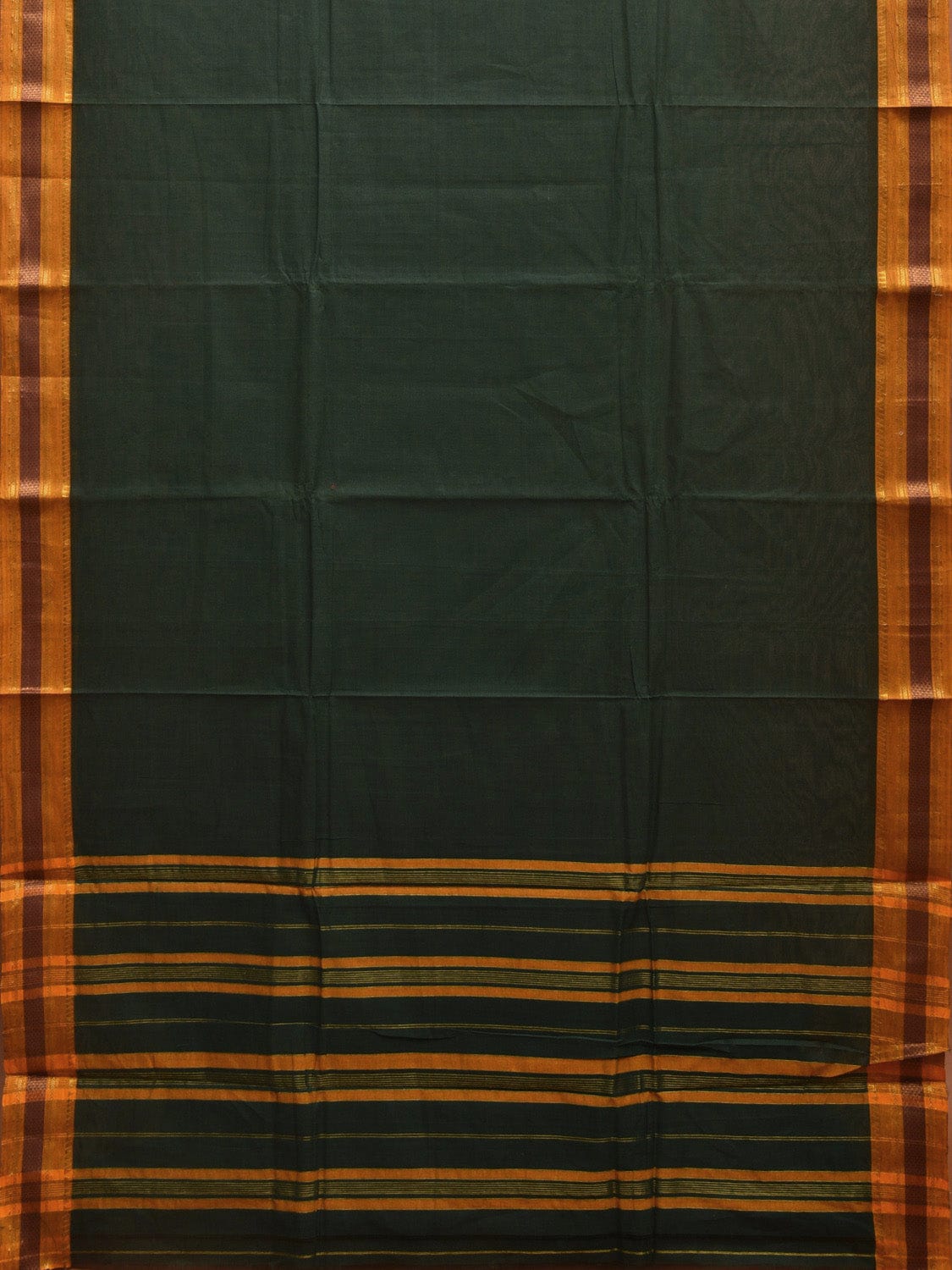 Dark Green and Yellow Narayanpet Cotton Handloom Saree with Strips Pallu Design No Blouse np0943