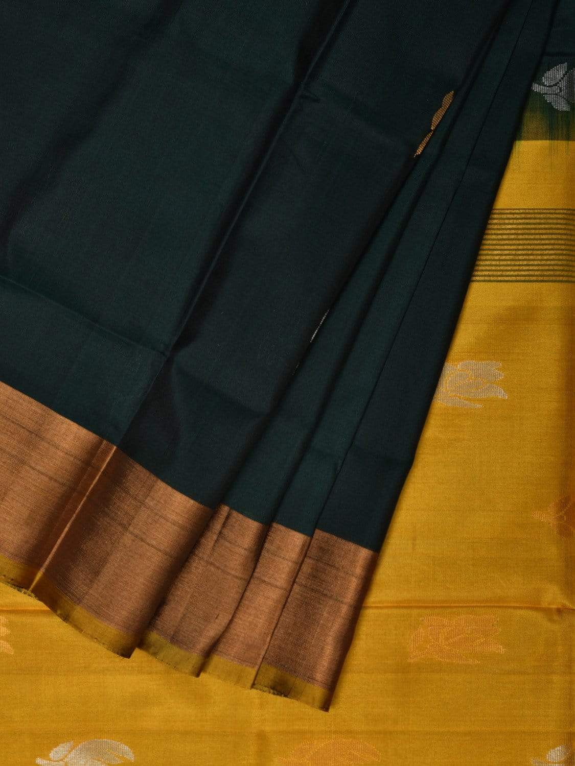Dark Green and Yellow Uppada Silk Handloom Saree with Body Buta Design u1780