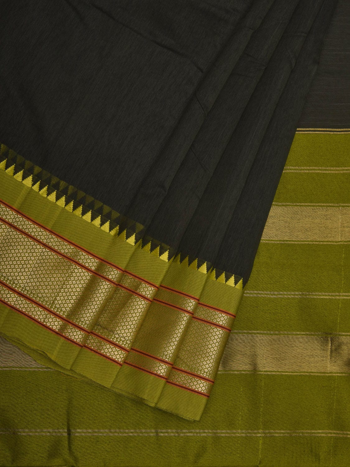 Dark Green Bamboo Cotton Plain Saree with Paithani Border Design No Blouse o0335