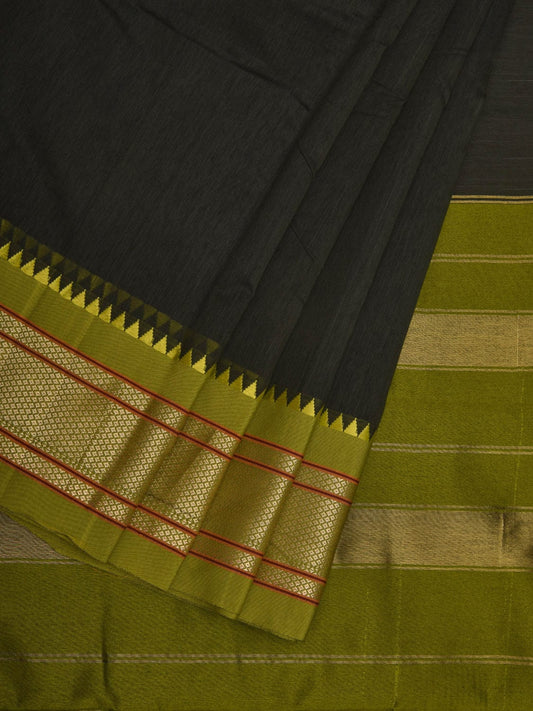 Dark Green Bamboo Cotton Plain Saree with Paithani Border Design No Blouse o0335