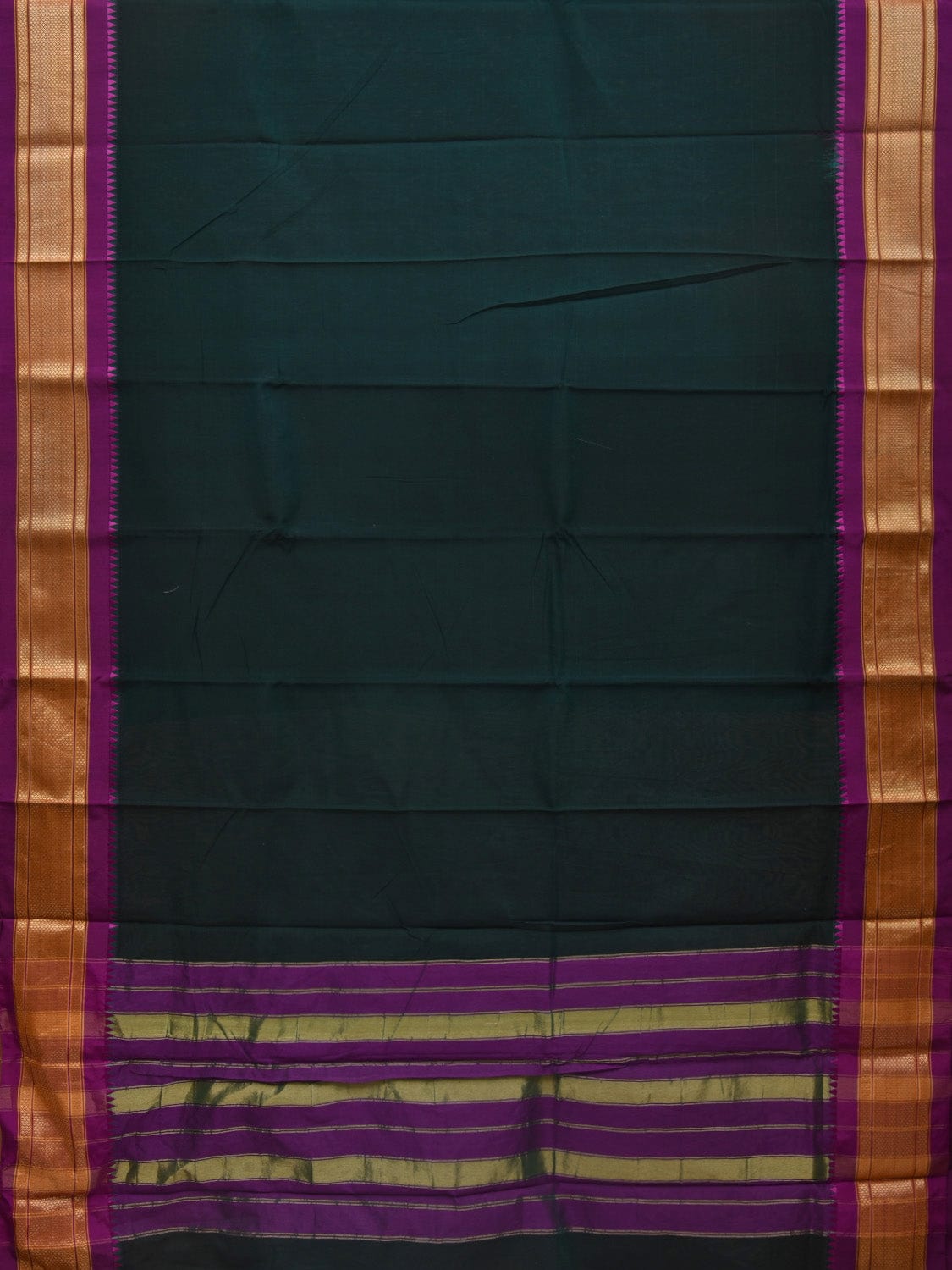 Dark Green Bamboo Cotton Plain Saree with Paithani Border Design No Blouse o0337