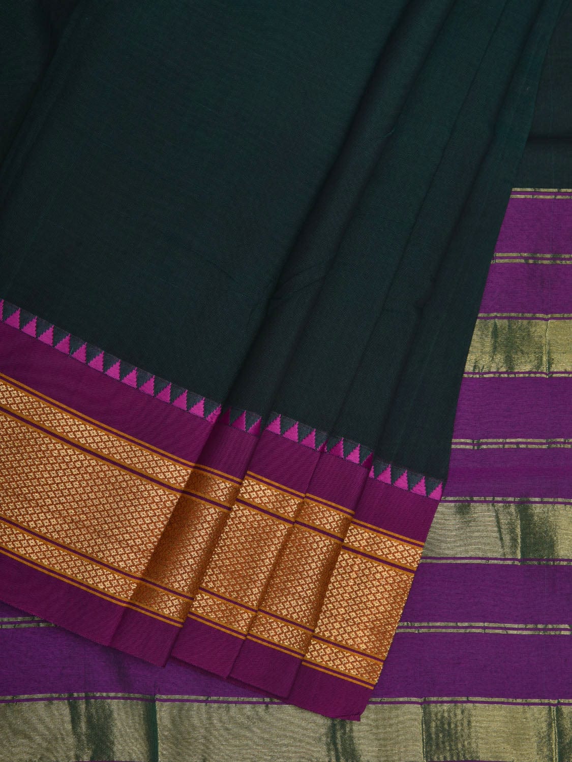Dark Green Bamboo Cotton Plain Saree with Paithani Border Design No Blouse o0337