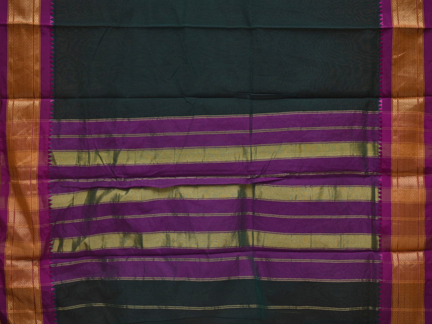 Dark Green Bamboo Cotton Plain Saree with Paithani Border Design No Blouse o0337