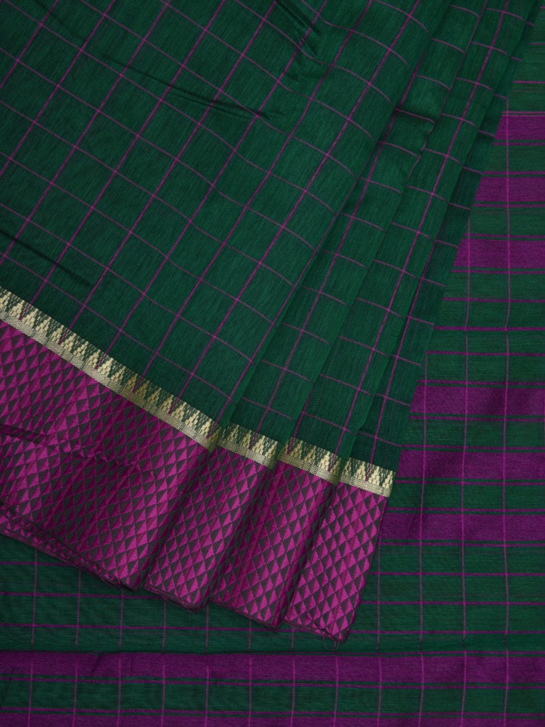 Dark Green Bamboo Cotton Saree with Checks Design No Blouse o0355