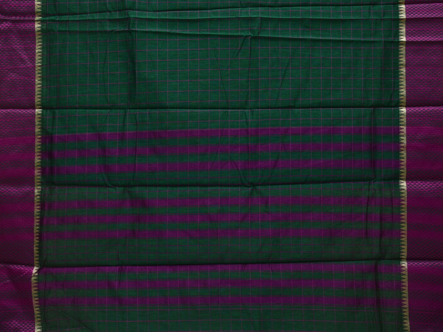 Dark Green Bamboo Cotton Saree with Checks Design No Blouse o0355