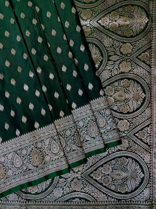 Dark Green Banaras Katan Silk Saree with Body Butti and Stone Work Design b0384ds