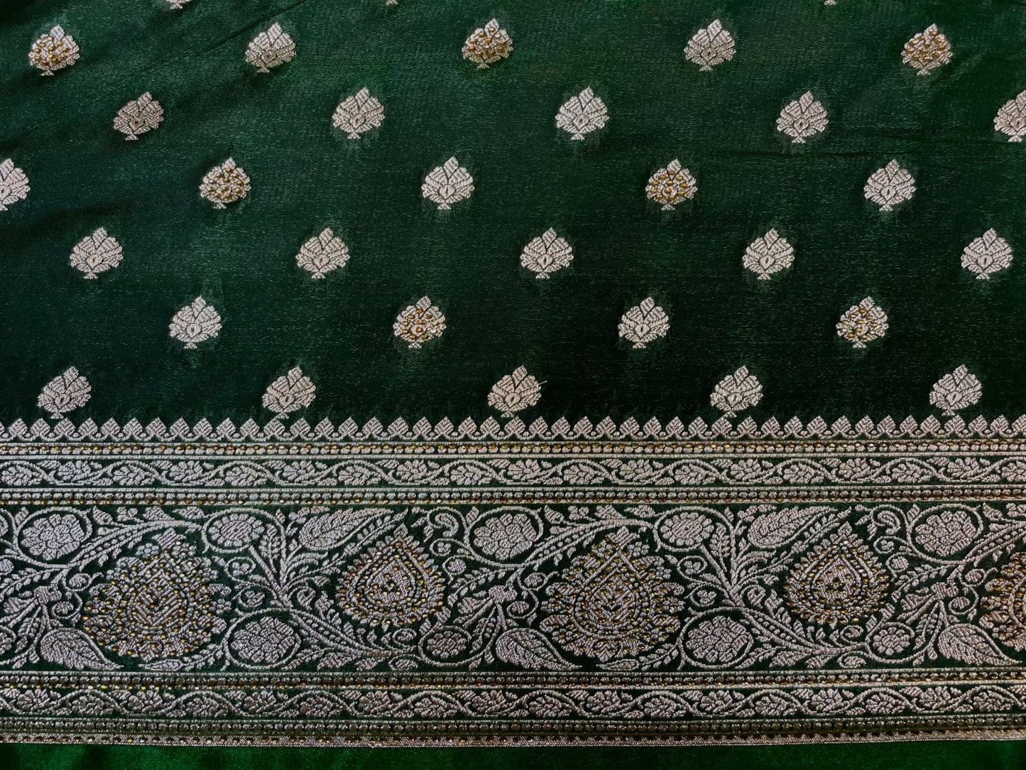 Dark Green Banaras Katan Silk Saree with Body Butti and Stone Work Design b0384ds