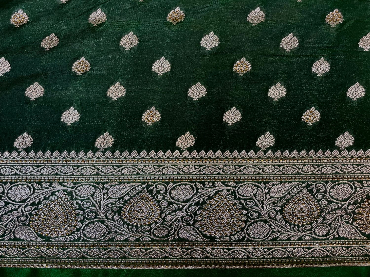 Dark Green Banaras Katan Silk Saree with Body Butti and Stone Work Design b0384ds