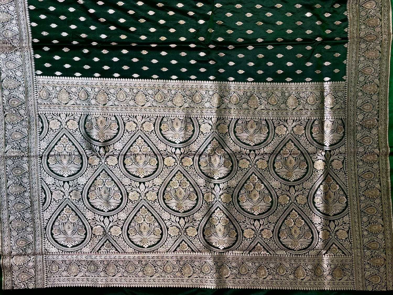 Dark Green Banaras Katan Silk Saree with Body Butti and Stone Work Design b0384ds