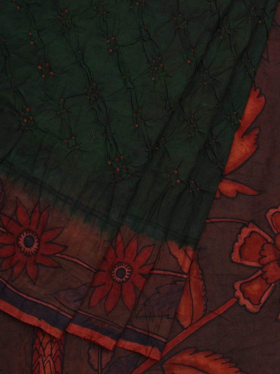 Dark Green Bandhani Kalamkari Hand Painted Silk Handloom Saree with Border and Pallu Design bn0292