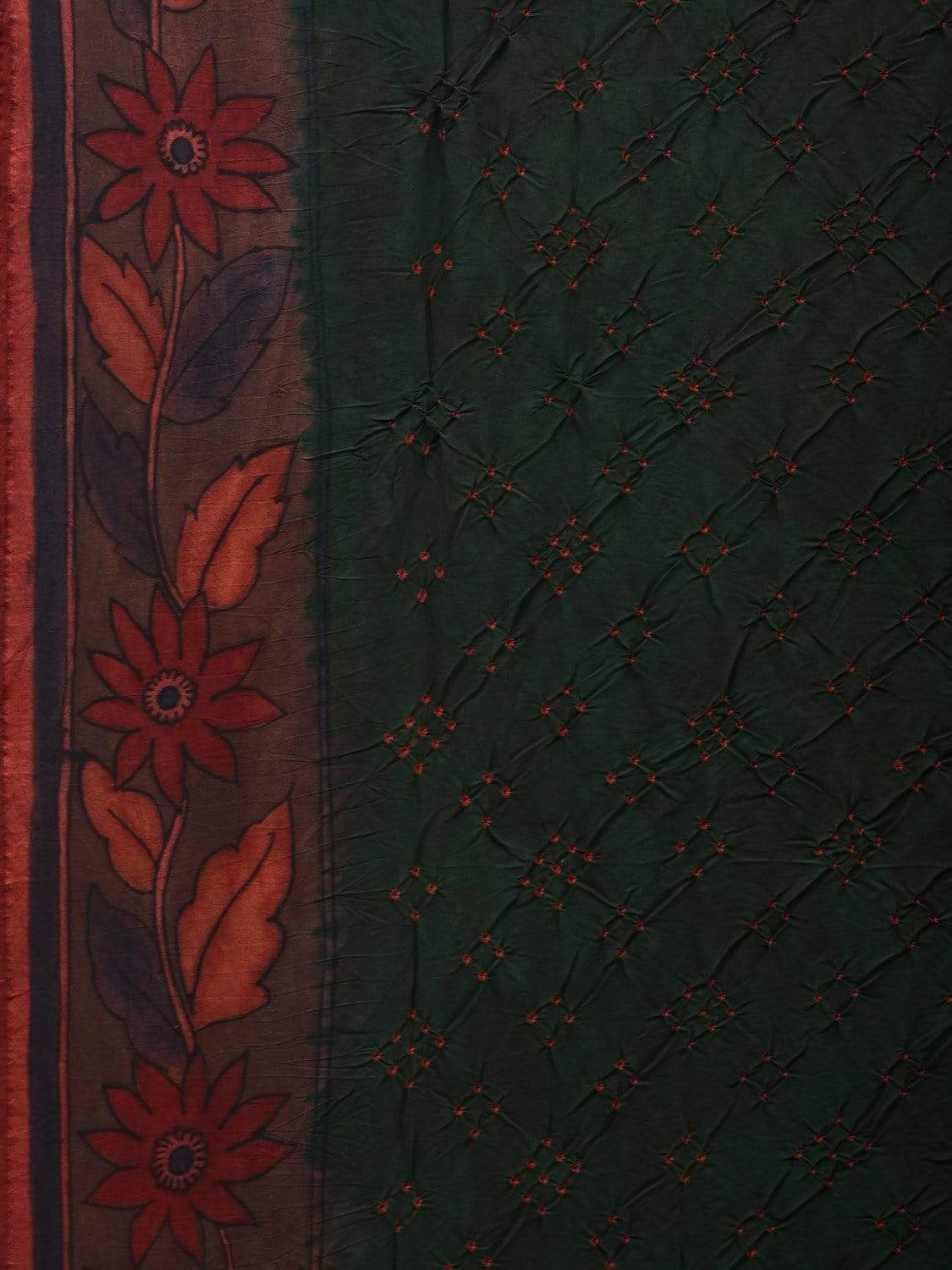 Dark Green Bandhani Kalamkari Hand Painted Silk Handloom Saree with Border and Pallu Design bn0292