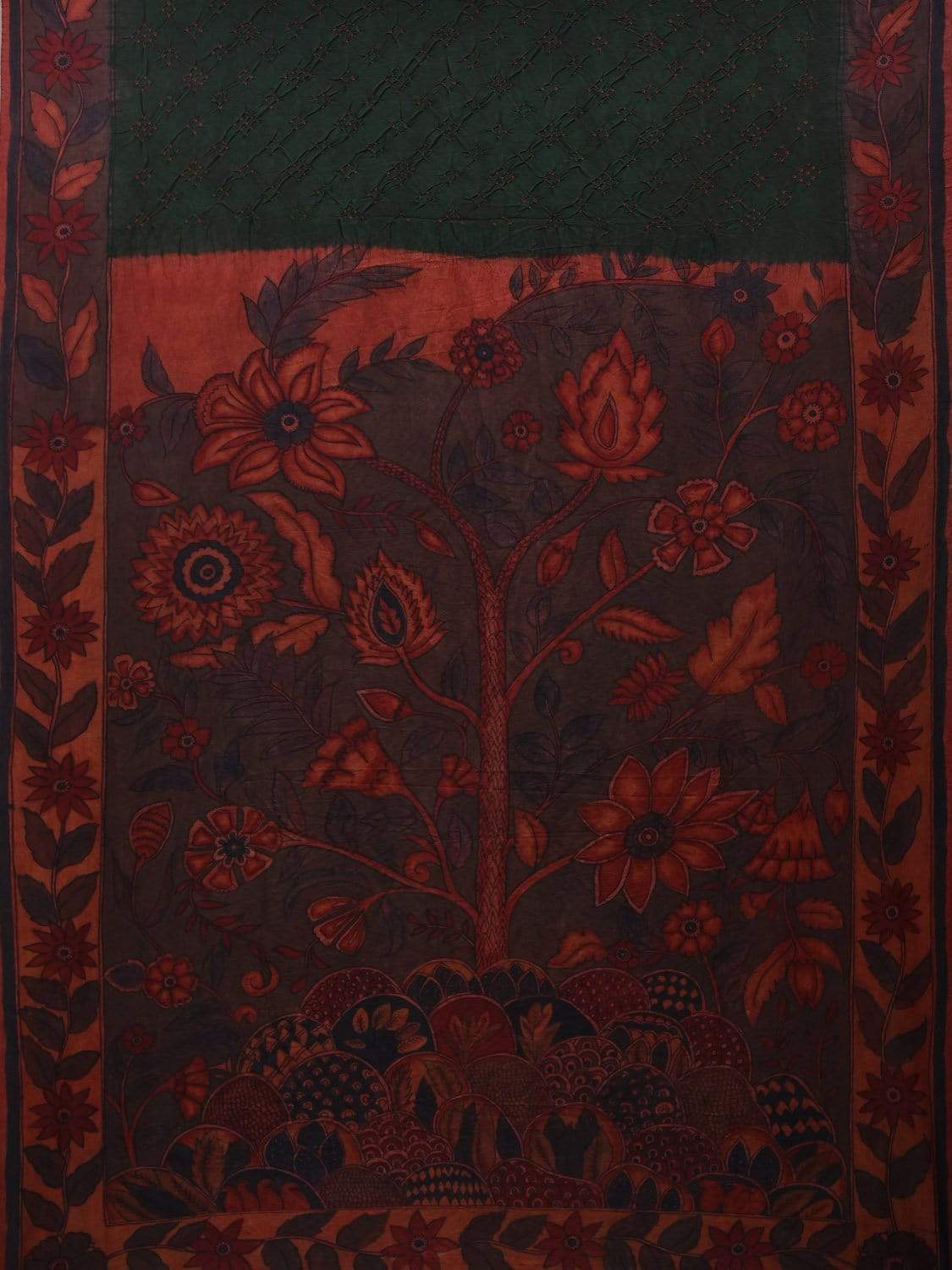 Dark Green Bandhani Kalamkari Hand Painted Silk Handloom Saree with Border and Pallu Design bn0292