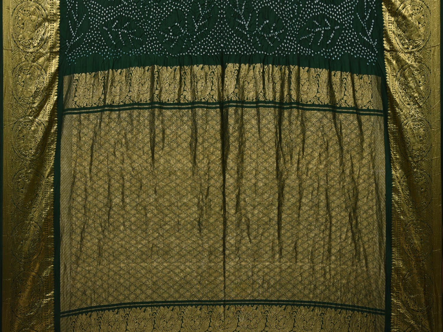 Dark Green Bandhani Kanchipuram Silk Handloom Saree with Leaves and Border Design bn0459