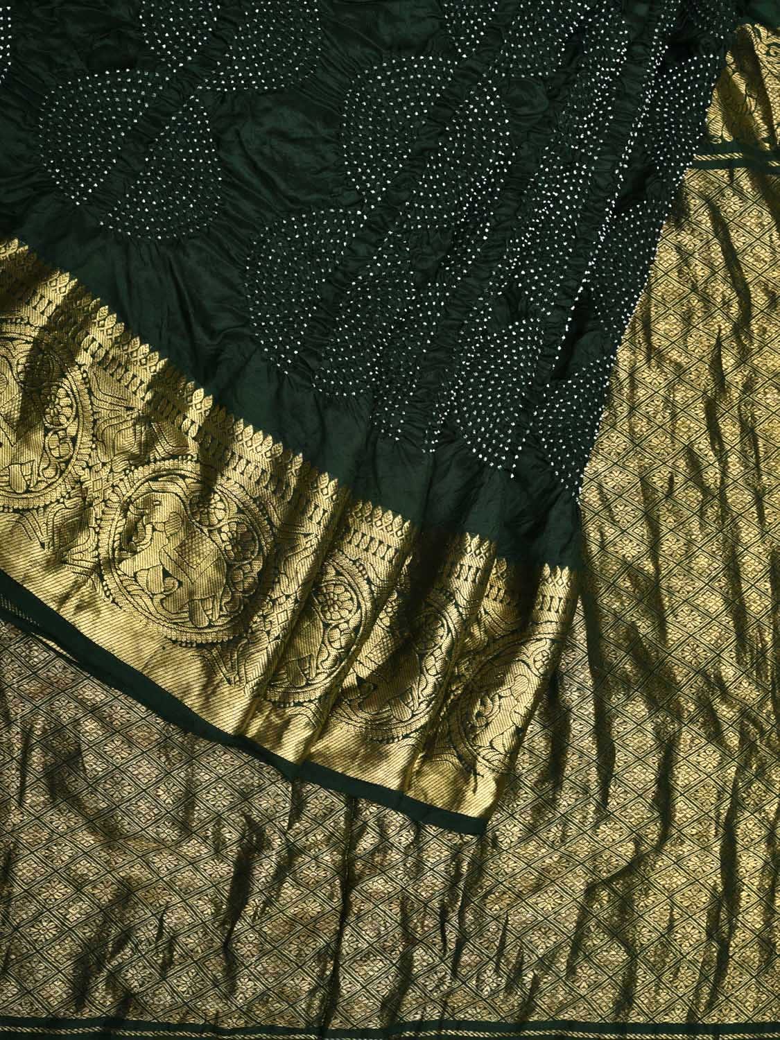Dark Green Bandhani Kanchipuram Silk Handloom Saree with Leaves and Border Design bn0459