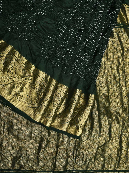 Dark Green Bandhani Kanchipuram Silk Handloom Saree with Leaves and Border Design bn0459