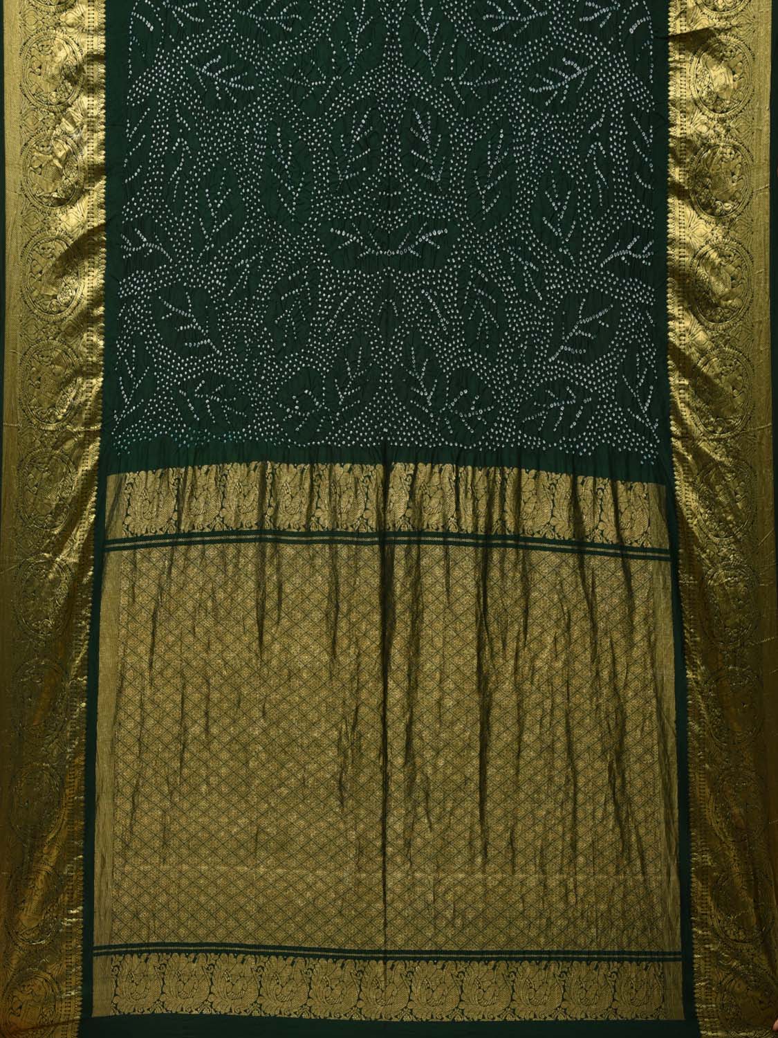 Dark Green Bandhani Kanchipuram Silk Handloom Saree with Leaves and Border Design bn0459