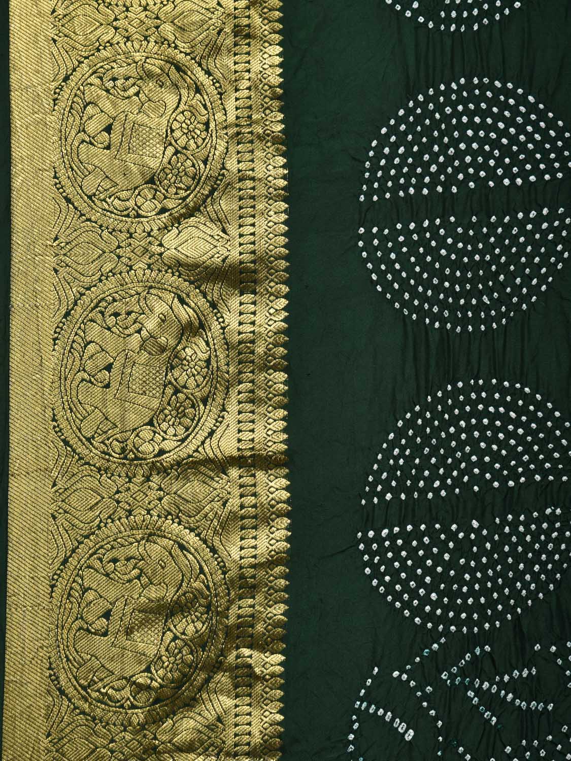 Dark Green Bandhani Kanchipuram Silk Handloom Saree with Leaves and Border Design bn0459