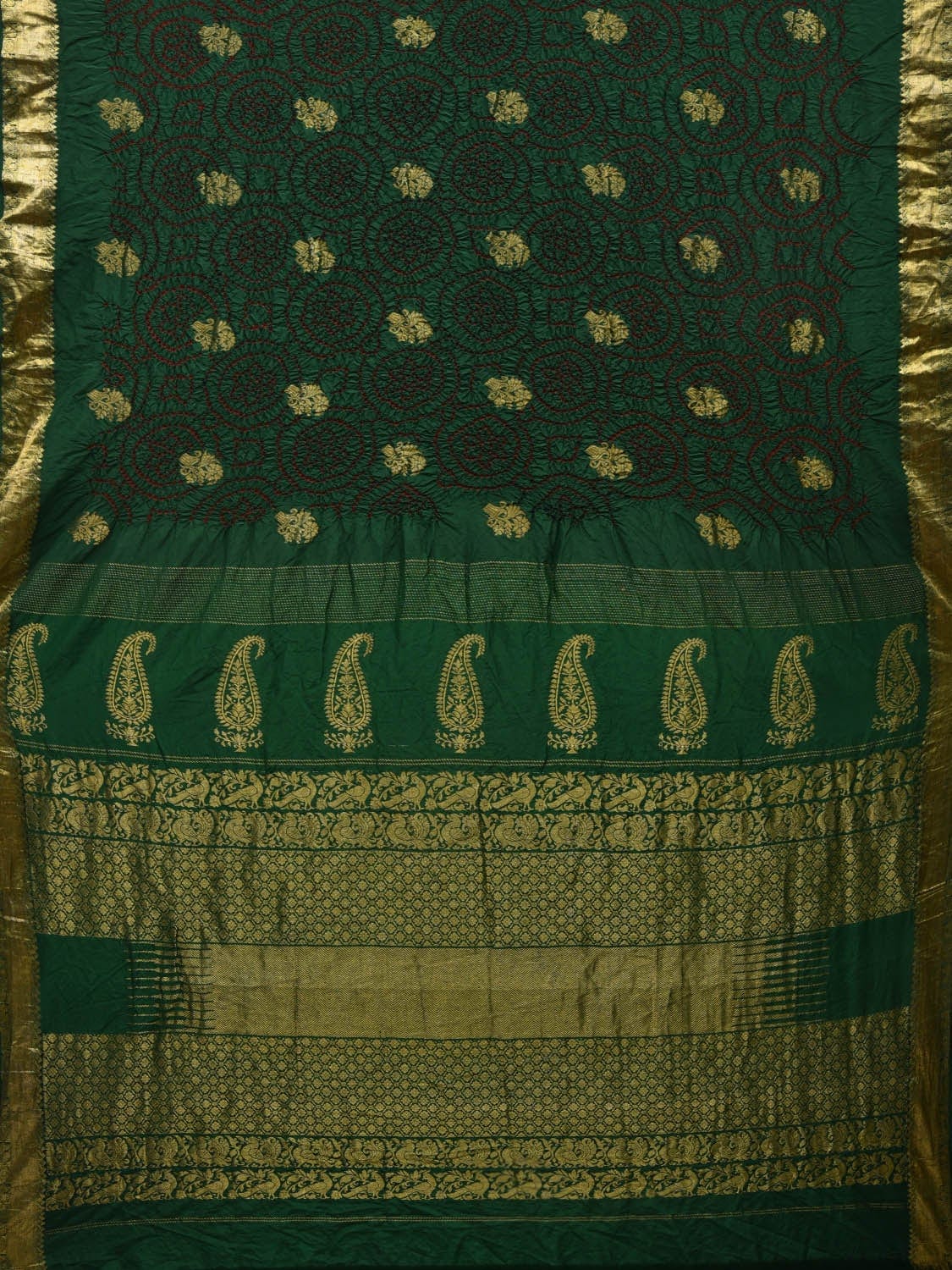 Dark Green Bandhani Kanchipuram Silk Handloom Saree with Mango Pallu Design bn0328