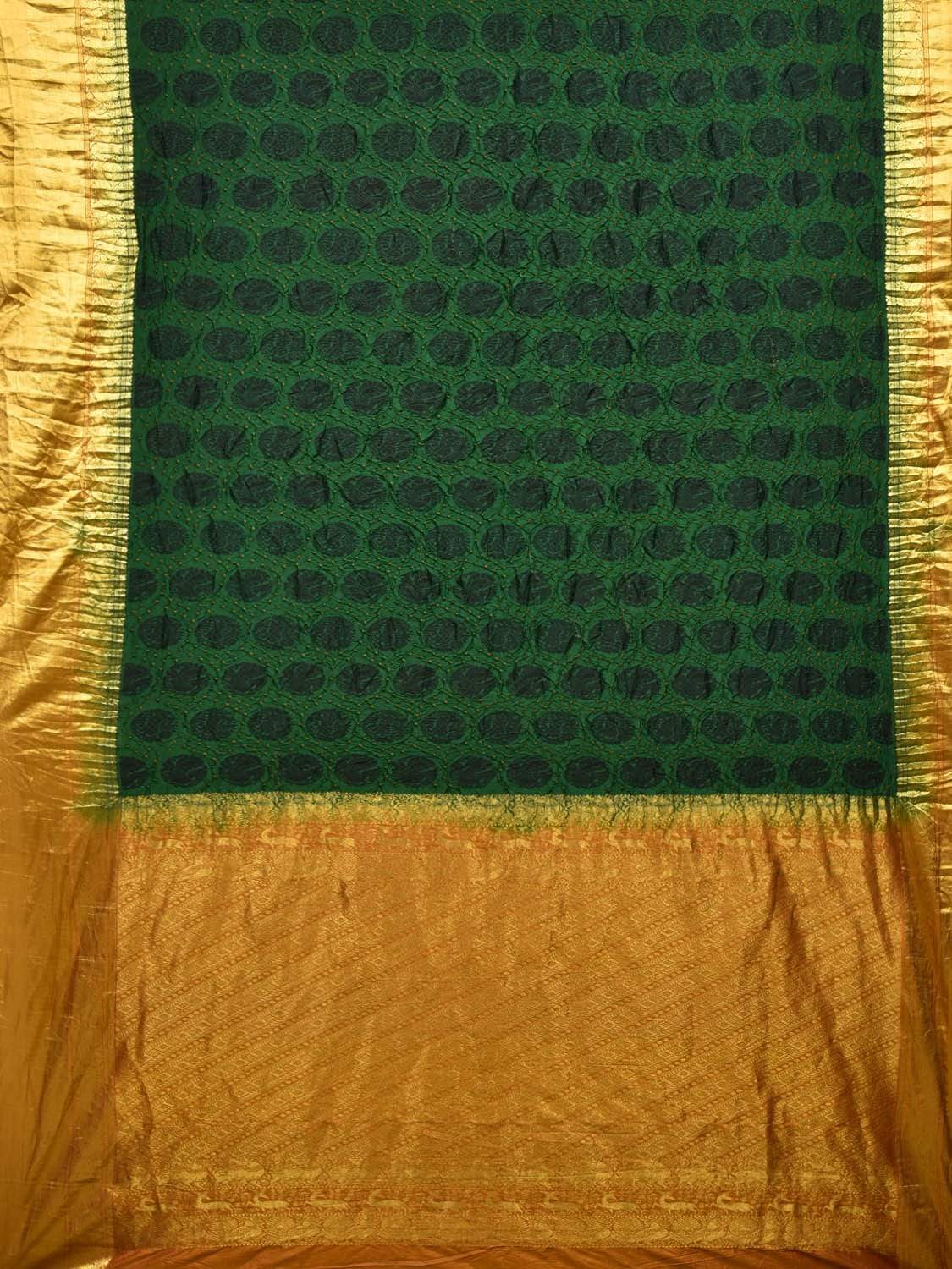 Dark Green Bandhani Kanchipuram Silk Handloom Saree with Shikari and Peacock Buta Design bn0252