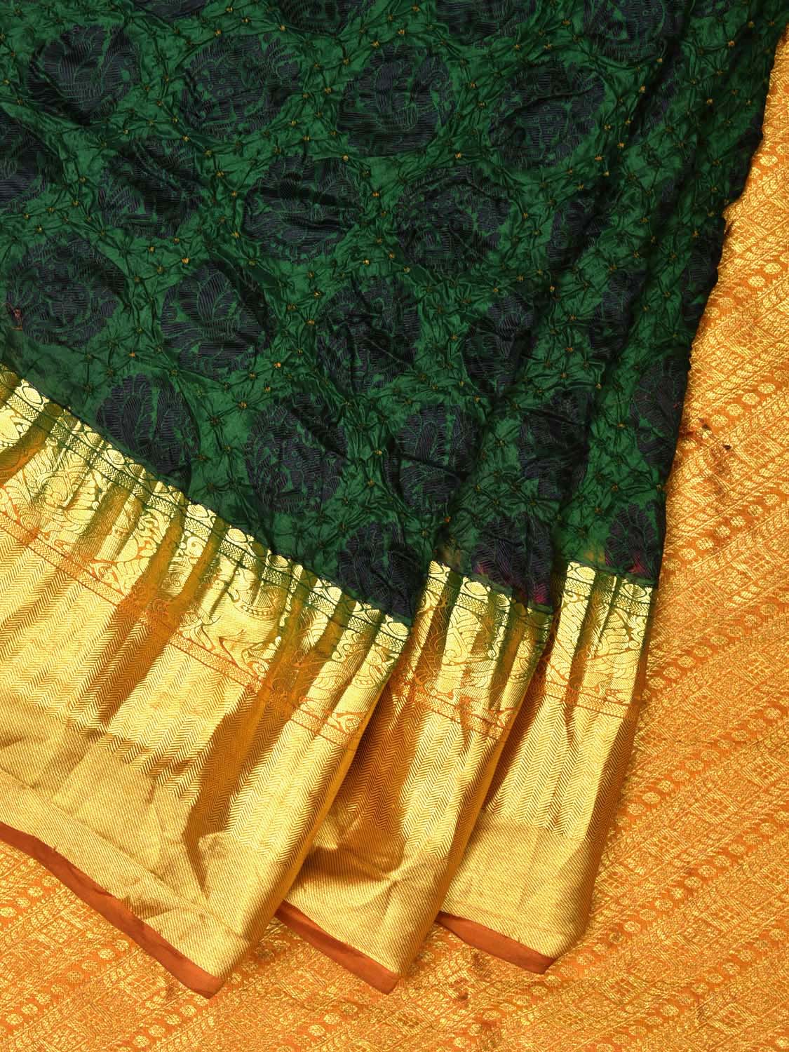 Dark Green Bandhani Kanchipuram Silk Handloom Saree with Shikari and Peacock Buta Design bn0252