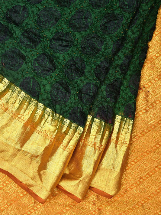Dark Green Bandhani Kanchipuram Silk Handloom Saree with Shikari and Peacock Buta Design bn0252