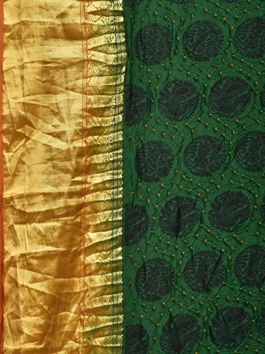 Dark Green Bandhani Kanchipuram Silk Handloom Saree with Shikari and Peacock Buta Design bn0252